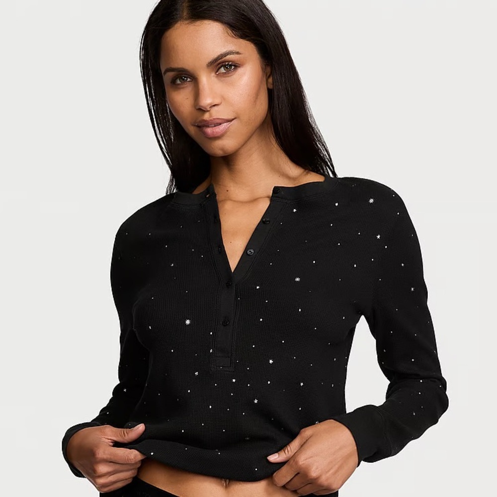 VICTORIA'S SECRET Thermal Pajama Black Long Sleeve Henley Top Stars Size Large L